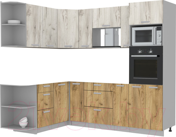 Изображение товара Кухонный гарнитур Интерлиния Мила Лайт 1.68x2.4 левая без столешницы (дуб белый/дуб золотой)