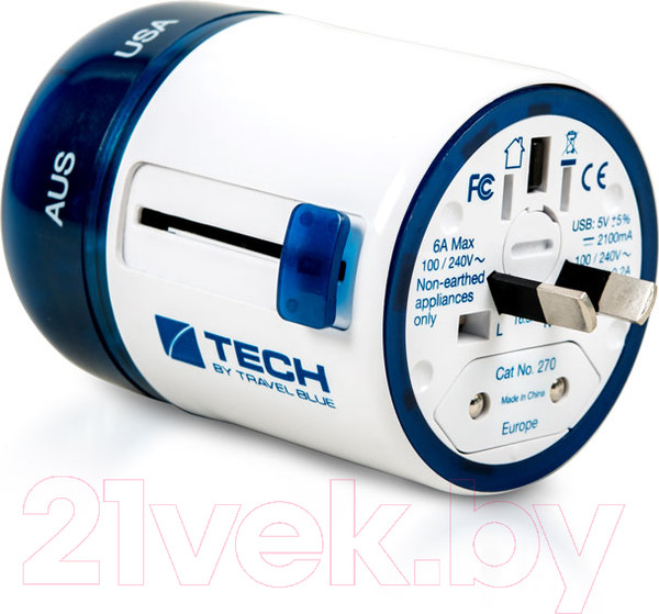 Изображение товара Адаптер питания сетевой Travel Blue USB Sliding Adaptor / 270_BLU  (белый/синий)