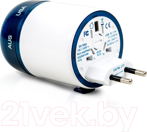 Изображение товара Адаптер питания сетевой Travel Blue USB Sliding Adaptor / 270_BLU  (белый/синий)