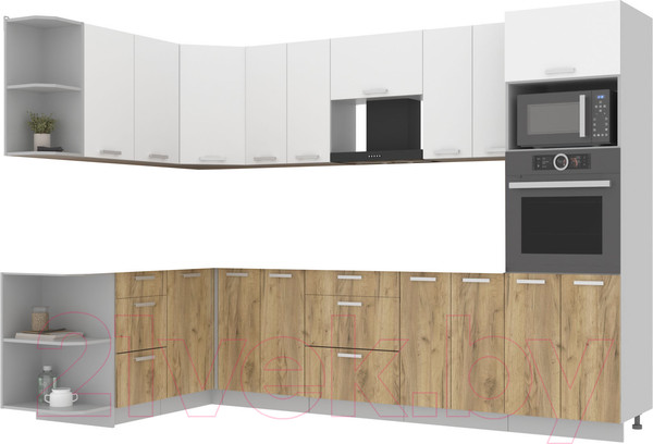 Изображение товара Кухонный гарнитур Интерлиния Мила Лайт 1.68x3.0 левая без столешницы (белый платинум/дуб золотой)