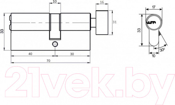 Изображение товара Цилиндровый механизм замка Vettore ZN M70 ZC NI 30Tx40 5кл. (никель)