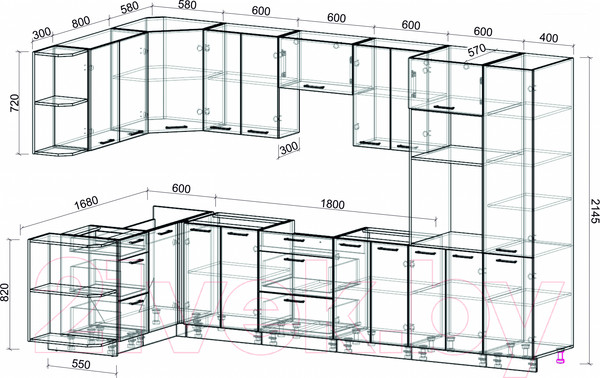 Изображение товара Кухонный гарнитур Интерлиния Мила Лайт 1.68x3.4 левая без столешницы (дуб белый/дуб серый)