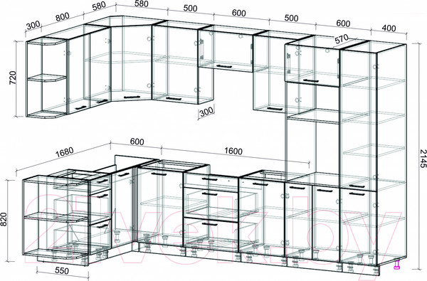 Изображение товара Кухонный гарнитур Интерлиния Мила Лайт 1.68x3.2 левая без столешницы (белый платинум/дуб серый)