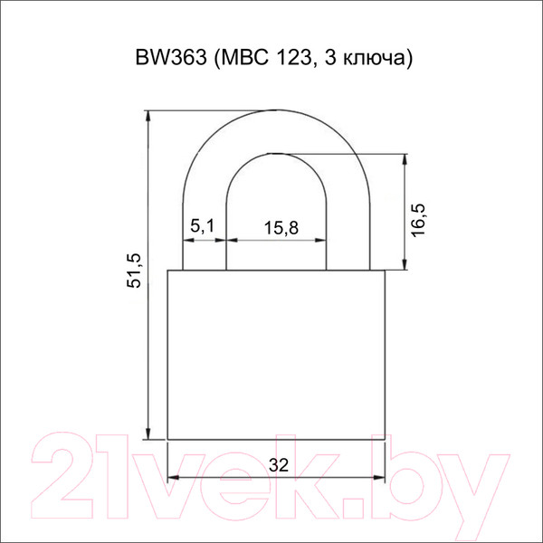 Изображение товара Замок навесной Vettore BW363 MP (МВС 123, 3 ключа, порошковый)