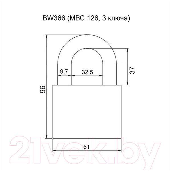 Изображение товара Замок навесной Vettore BW366 MP (МВС 126, 3 ключа, порошковый)