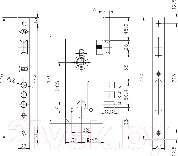 Изображение товара Замок врезной Kale 152 3MR / 152R4500253 (латунь)
