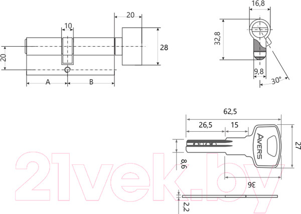 Изображение товара Цилиндровый механизм замка Avers ZM-B2B-60-C-CR