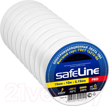 Изображение товара Набор изолент Safeline 15ммx10м 9358 (10шт, белый)