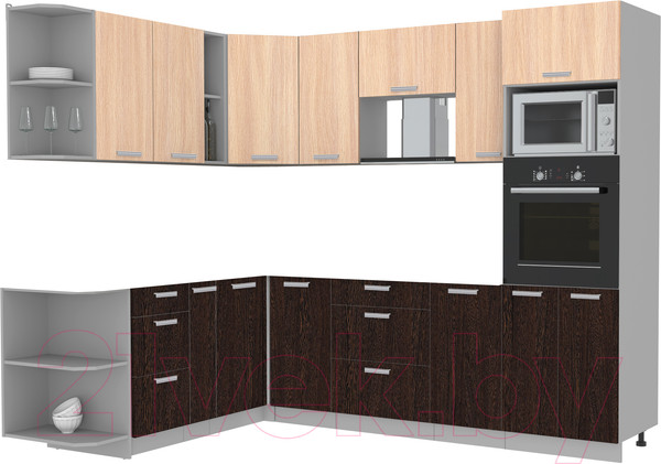 Изображение товара Кухонный гарнитур Интерлиния Мила Лайт 1.88x2.6 левая без столешницы (дуб молочный/дуб венге)