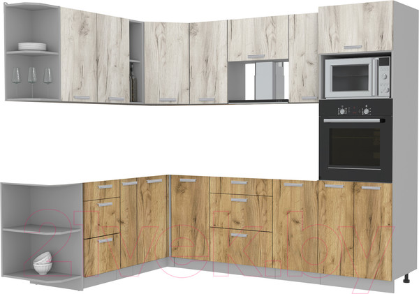 Изображение товара Кухонный гарнитур Интерлиния Мила Лайт 1.88x2.6 левая без столешницы (дуб белый/дуб золотой)