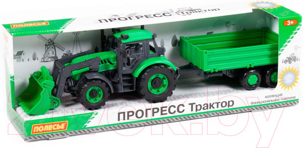 Изображение товара Трактор игрушечный Полесье Прогресс с бортовым прицепом и ковшом / 91826