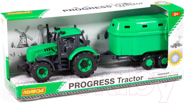Изображение товара Трактор игрушечный Полесье Прогресс с прицепом для перевозки животных / 91482