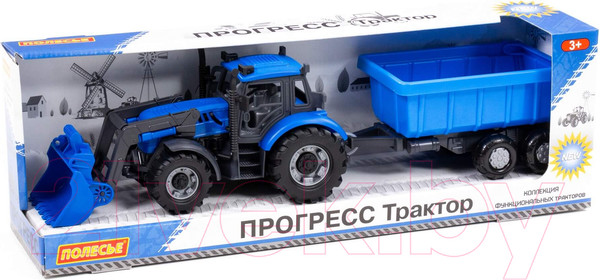Изображение товара Трактор игрушечный Полесье Прогресс с прицепом и ковшом / 91833 (инерционный, синий)