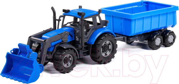 Изображение товара Трактор игрушечный Полесье Прогресс с прицепом и ковшом / 91833 (инерционный, синий)