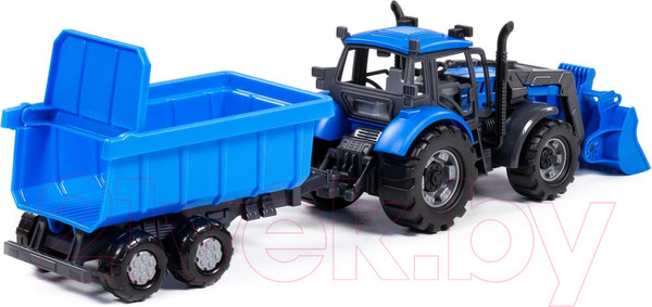 Изображение товара Трактор игрушечный Полесье Прогресс с прицепом и ковшом / 91833 (инерционный, синий)