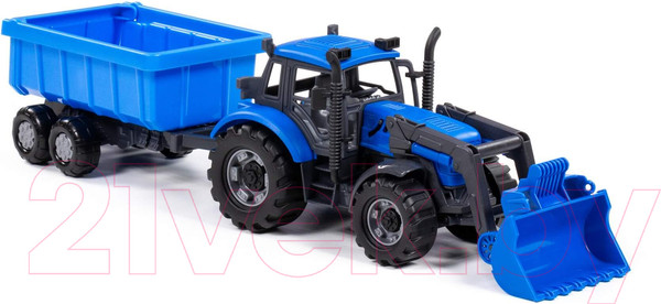 Изображение товара Трактор игрушечный Полесье Прогресс с прицепом и ковшом / 91833 (инерционный, синий)