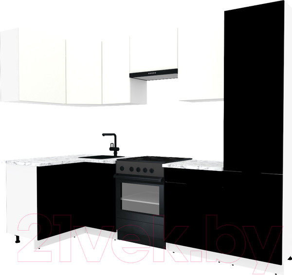 Изображение товара Кухонный гарнитур ВерсоМебель Эко-2 1.2x2.7 левая (белый фасадный/черный/ст.мрамор итальянский)