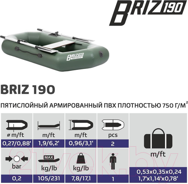 Изображение товара Надувная лодка Тонар Бриз 190 с веслами / 6852863 (зеленый)