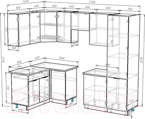 Изображение товара Кухонный гарнитур ВерсоМебель Эко-2 1.4x2.7 левая (дуб крафт белый/антрацит/ст.мрамор итальянский)