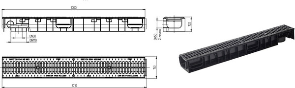 Изображение товара Лоток водоотводный Ecoteck Standart 100.95 h99 / ДИ 20205000 (с решеткой)