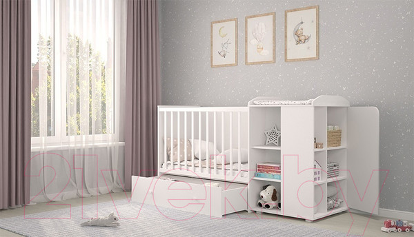 Изображение товара Детская кроватка Polini Kids French 900 Teddy с комодом / 0001526.9 (белый)