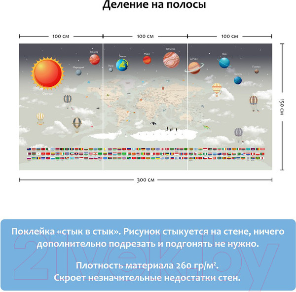 Изображение товара Фотообои листовые Citydecor Карта мира флаги и планеты (300x150)
