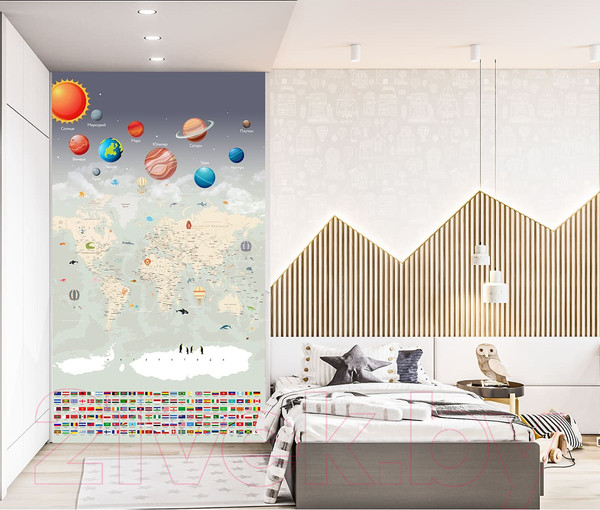 Изображение товара Фотообои листовые Citydecor Карта мира флаги и планеты (300x260)
