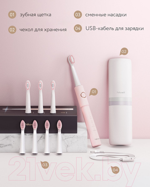 Изображение товара Электрическая зубная щетка Fairywill E11  (розовый, 8 насадок, чехол)