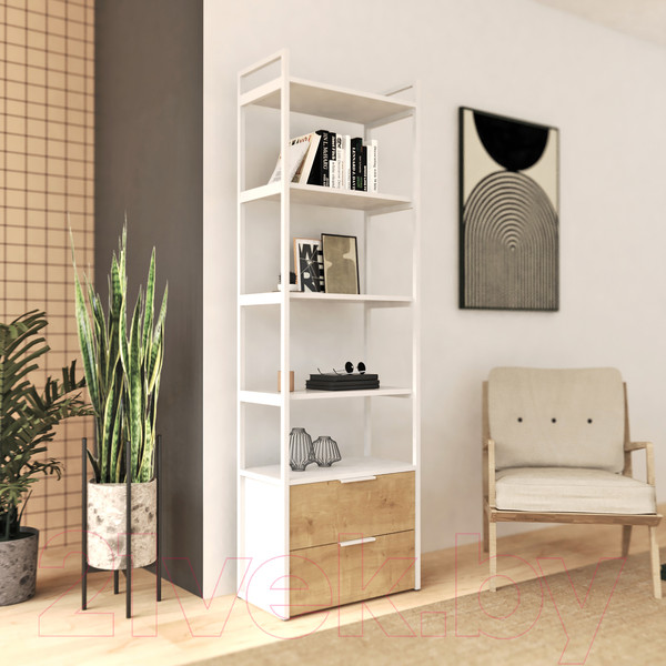 Изображение товара Стеллаж Crafto Квентин Мини Лофт 02 60x32x190 (белый/ дуб)