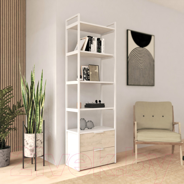 Изображение товара Стеллаж Crafto Квентин Мини Лофт 03 60x32x190 (белый/каштан)