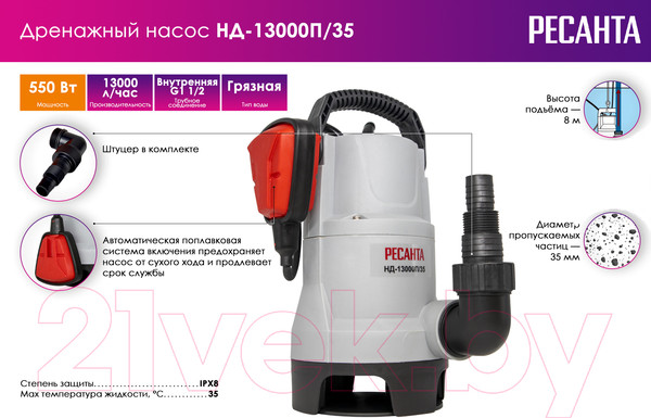 Изображение товара Дренажный насос Ресанта НД-13000П/35 (77/2/5)