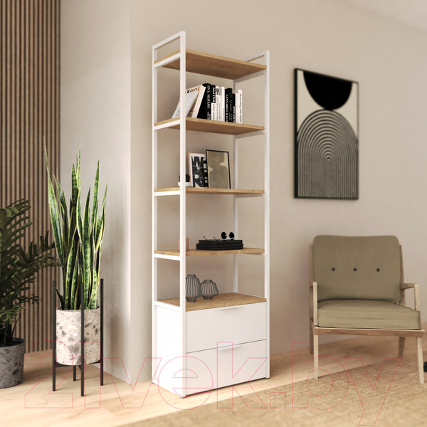 Изображение товара Стеллаж Crafto Квентин Мини Лофт 04 60x32x190 (дуб/белый)