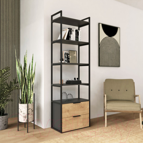 Изображение товара Стеллаж Crafto Квентин Мини Лофт 08 60x32x190 (графит/дуб)