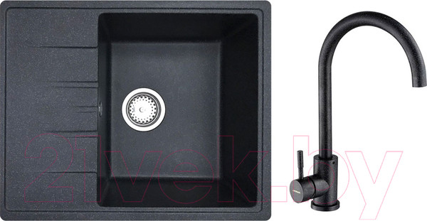 Изображение товара Мойка кухонная со смесителем БелЭворс Mila R + смеситель W4998-3-22 (черный)