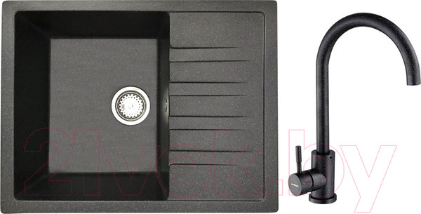 Изображение товара Мойка кухонная со смесителем БелЭворс Vega L + смеситель W4998-3-22 (черный)