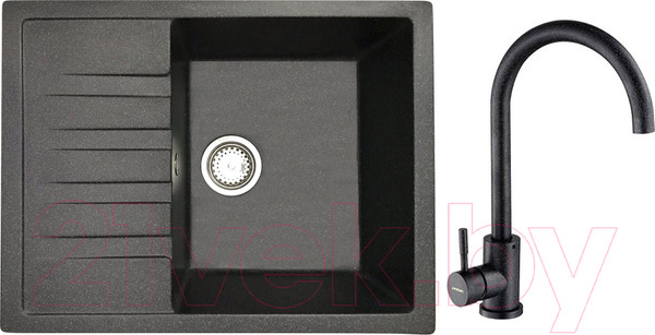 Изображение товара Мойка кухонная со смесителем БелЭворс Vega R + смеситель W4998-3-22 (черный)