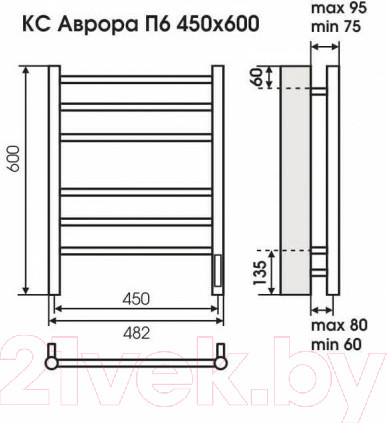 Изображение товара Полотенцесушитель электрический Terminus Аврора П6 450x600 (КС 9005 матовый)