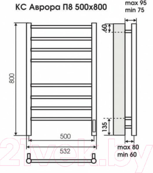 Изображение товара Полотенцесушитель электрический Terminus Аврора П8 500x800 (КС 9003 матовый)