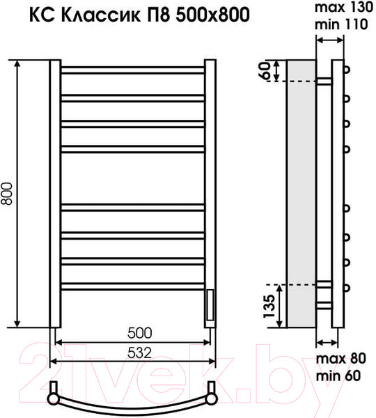 Изображение товара Полотенцесушитель электрический Terminus Ватикан П8 500x800 (КС 9003 матовый)