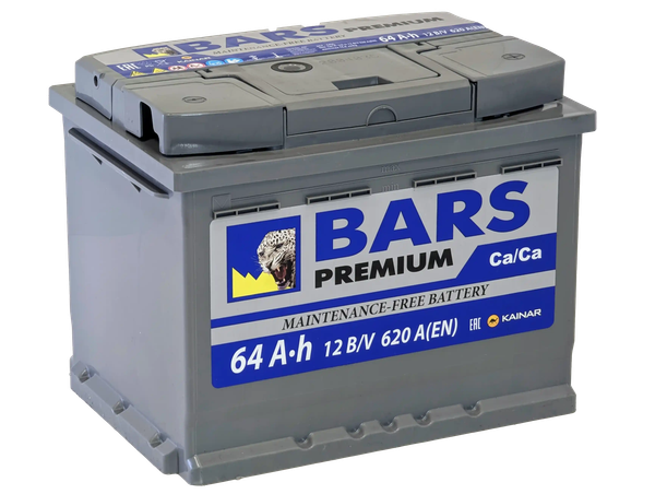 Изображение товара Автомобильный аккумулятор BARS Premium 64 R / 064 13 27 01 0021 09 11 0 L (64 А/ч)