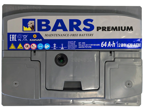 Изображение товара Автомобильный аккумулятор BARS Premium 64 R / 064 13 27 01 0021 09 11 0 L (64 А/ч)