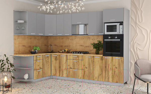 Изображение товара Кухонный гарнитур Интерлиния Мила Лайт 1.88x3.0 левая без столешницы (серебристый/дуб золотой)