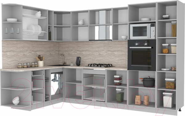 Изображение товара Кухонный гарнитур Интерлиния Мила Лайт 1.88x3.2 левая без столешницы (белый платинум/дуб золотой)