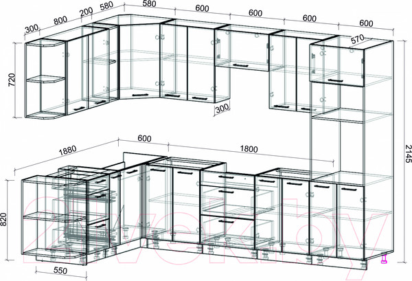 Изображение товара Кухонный гарнитур Интерлиния Мила Лайт 1.88x3.0 левая без столешницы (белый платинум/дуб золотой)