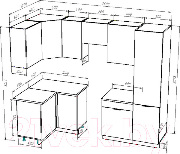 Изображение товара Кухонный гарнитур ВерсоМебель Эко-1 1.2x2.6 левая (красный чили/антрацит/ст.мрамор итальянский)