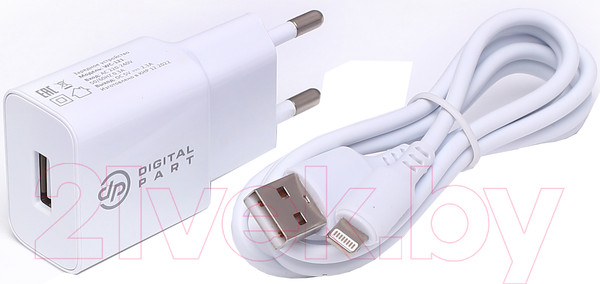 Изображение товара Зарядное устройство сетевое Digitalpart WC-121 с кабелем Lightning (белый)