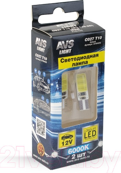 Изображение товара Комплект автомобильных ламп AVS C027 T10 / A78442S (2шт, белый)