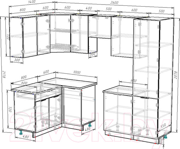 Изображение товара Кухонный гарнитур ВерсоМебель Эко-1 1.4x2.6 левая (красный чили/антрацит/ст.мрамор итальянский)