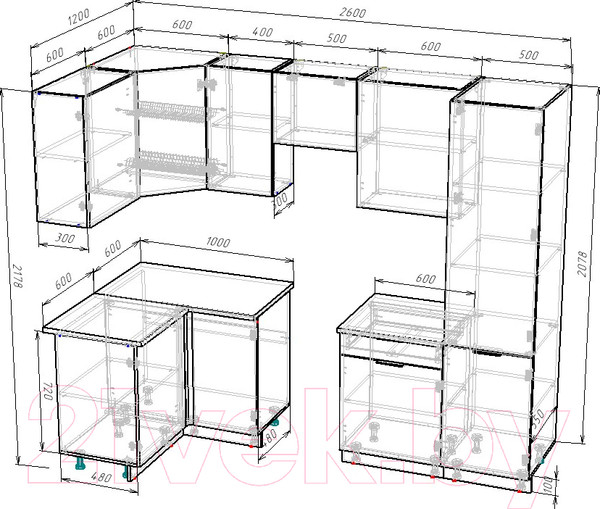 Изображение товара Кухонный гарнитур ВерсоМебель Эко-1 1.2x2.6 левая (красный чили/антрацит/ст.луна)