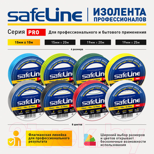 Изображение товара Набор изолент Safeline 15ммx10м 12119 (10шт, зеленый)